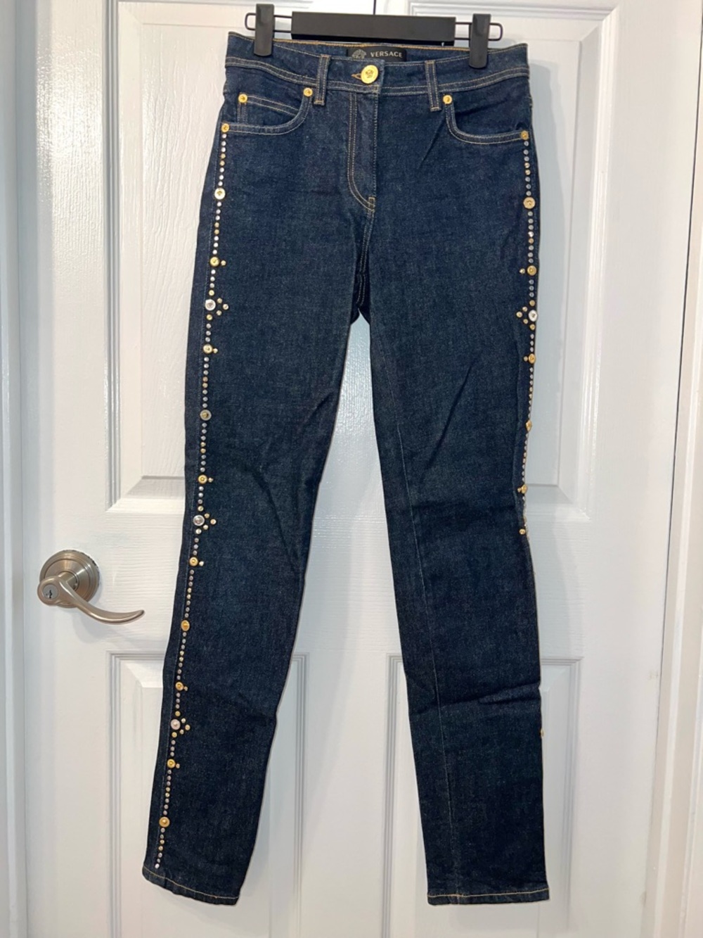 Versace Dark Blue Slim Straight Jeans w/ Gold & Silver Stud Trim Size 25